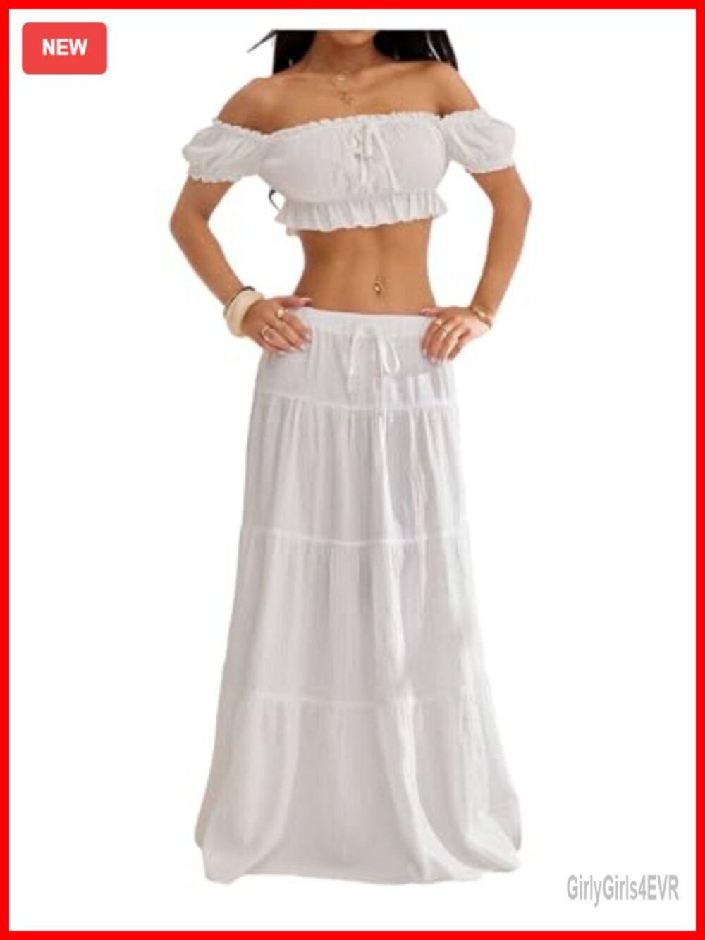 2 Piece Skirt Set Off Shoulder Crop Top Ruffle Long Skirt Beach Vacation
